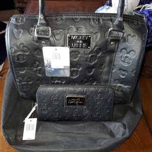 NEW Black leather Disney handbag& matching wallet